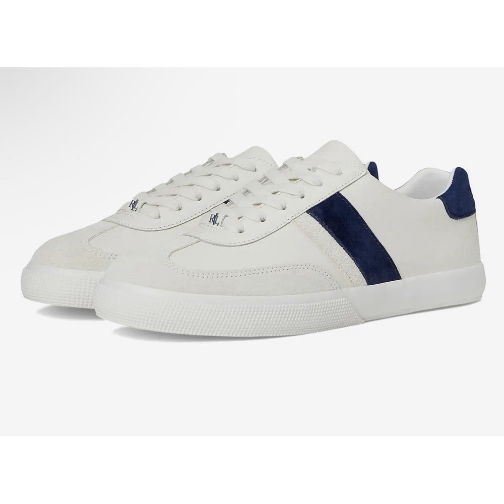 NIB Ralph Lauren Braylee Women 8.5 B Round Toe Sneakers White Navy Blue Leather
